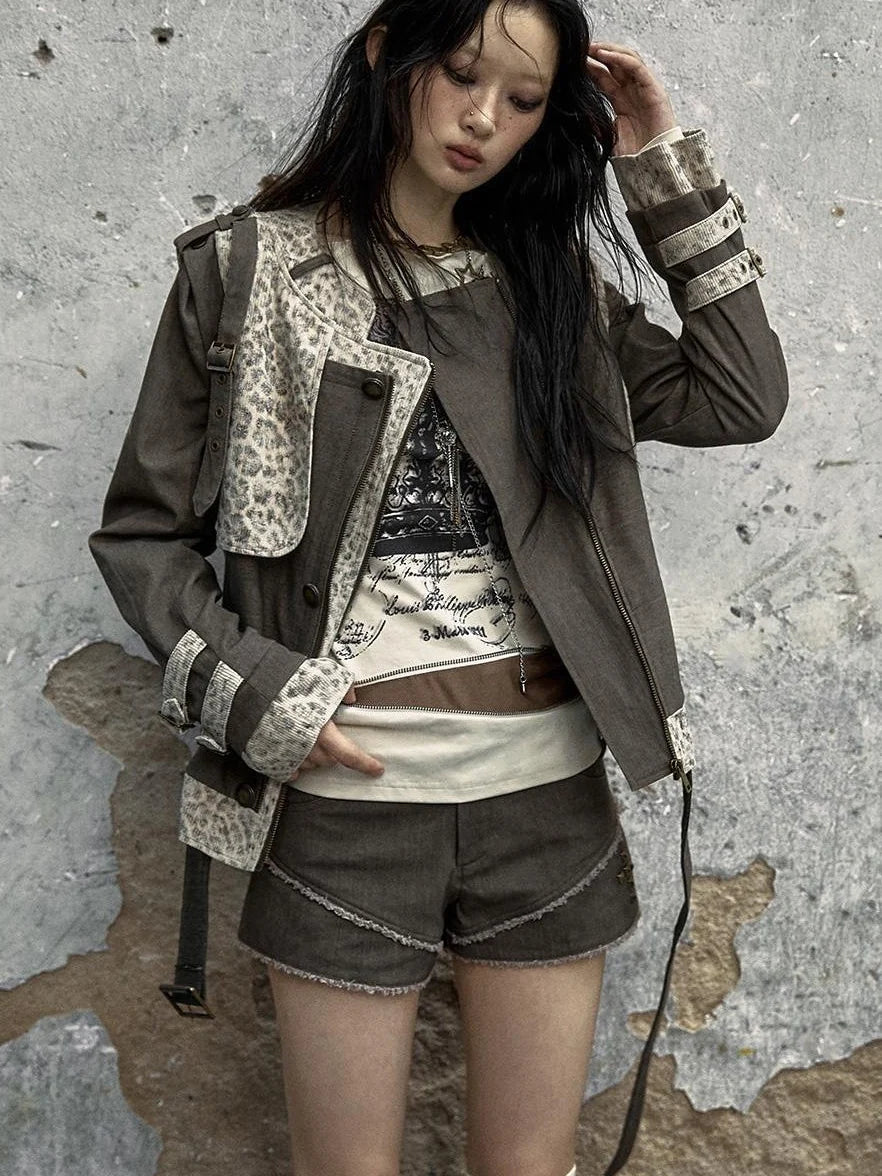 Retro Punk Detachable Vest Patchwork Leopard Jacket Coat