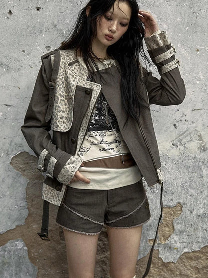Retro Punk Detachable Vest Patchwork Leopard Jacket Coat
