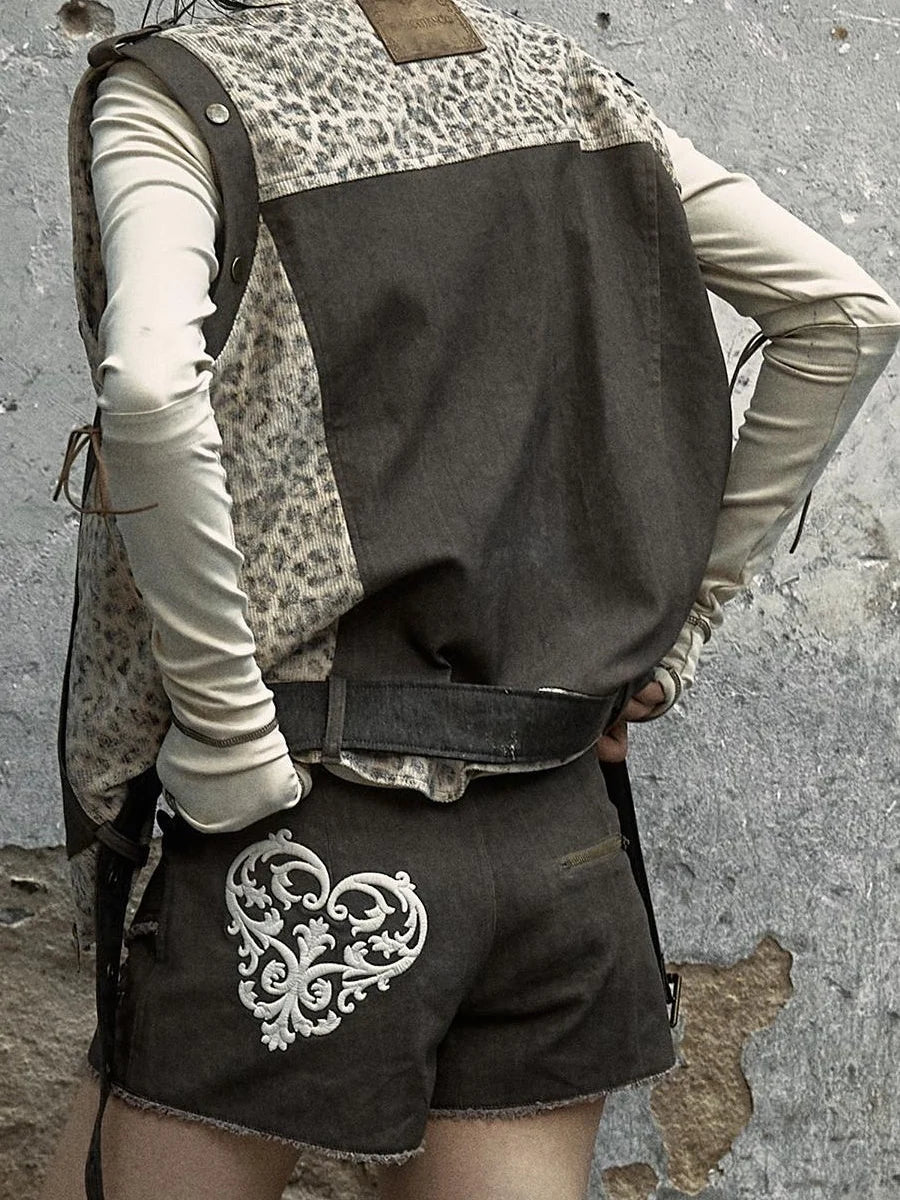 Retro Punk Detachable Vest Patchwork Leopard Jacket Coat