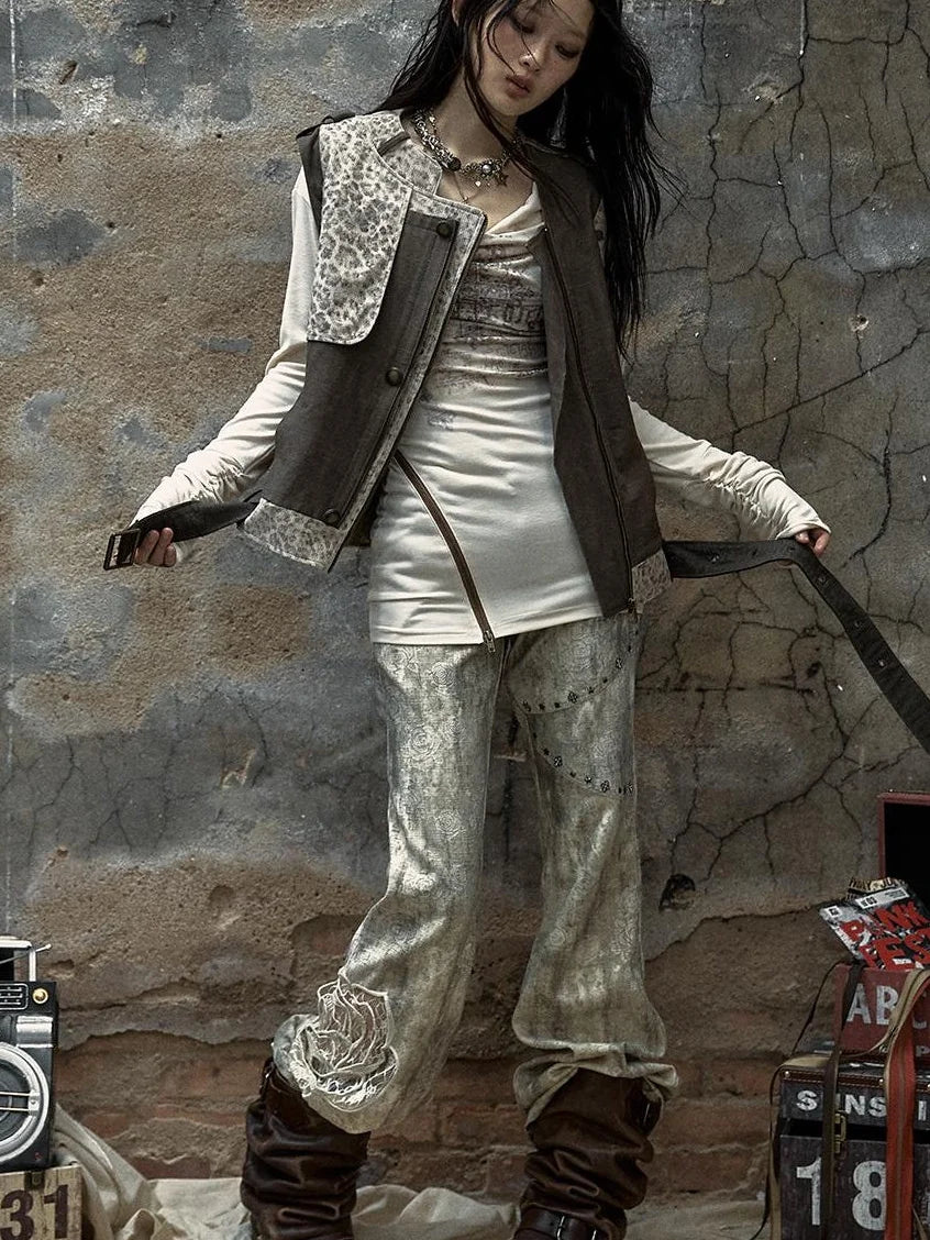 Retro Punk Detachable Vest Patchwork Leopard Jacket Coat