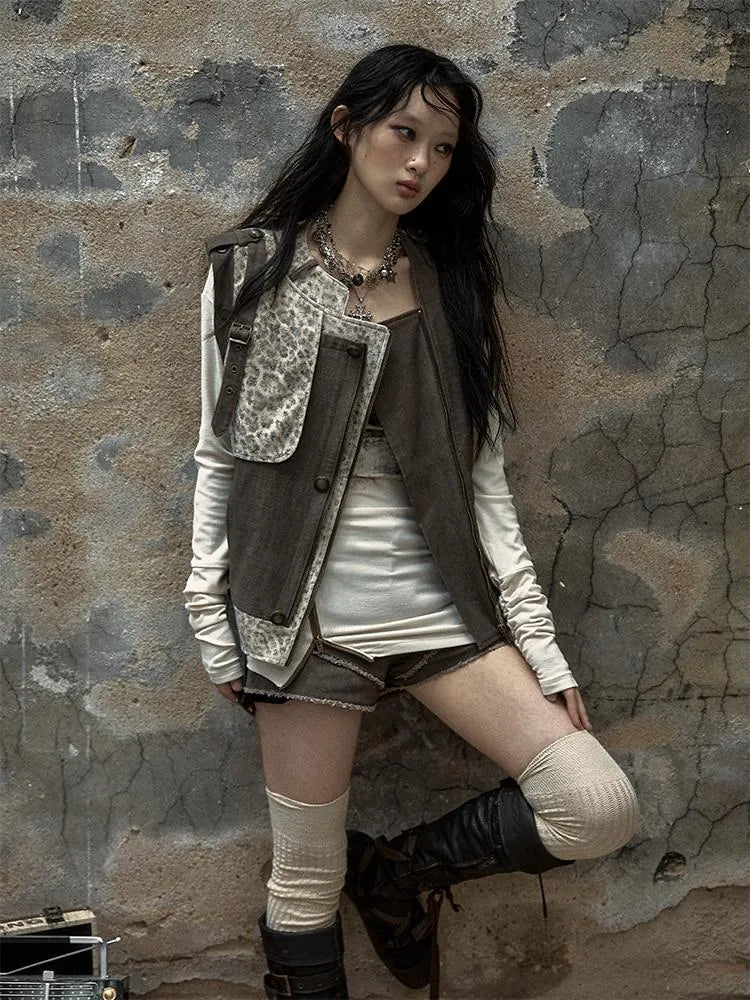 Retro Punk Detachable Vest Patchwork Leopard Jacket Coat