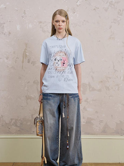 Retro Puppy Kitten Graphic Tees Playful Cotton Blend Tops