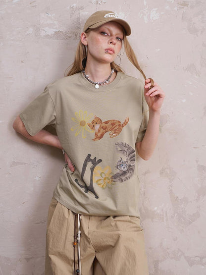 Retro Puppy Kitten Graphic Tees Playful Cotton Blend Tops