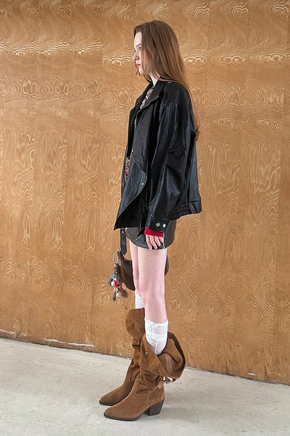 DIDDI MODA Retro Quilted Pu Biker Jacket With Oversize Collar