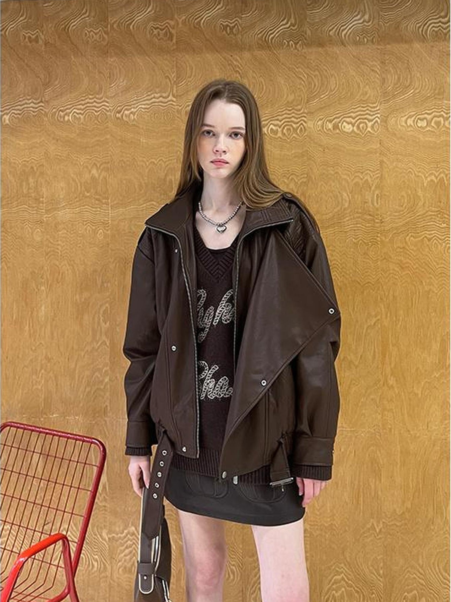 DIDDI MODA Retro Quilted Pu Biker Jacket With Oversize Collar