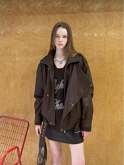DIDDI MODA Retro Quilted Pu Biker Jacket With Oversize Collar