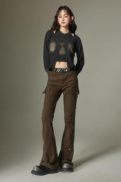 DIDDI MODA Retro Slim Cargo Pants High Waist Flared Trousers