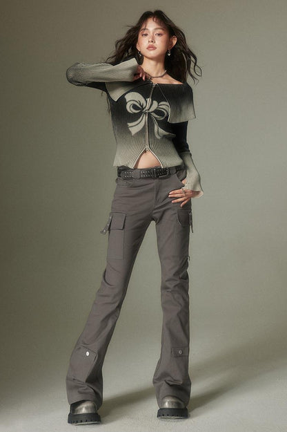 DIDDI MODA Retro Slim Cargo Pants High Waist Flared Trousers