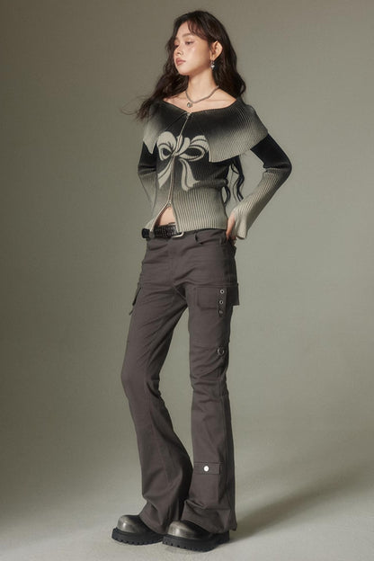 DIDDI MODA Retro Slim Cargo Pants High Waist Flared Trousers