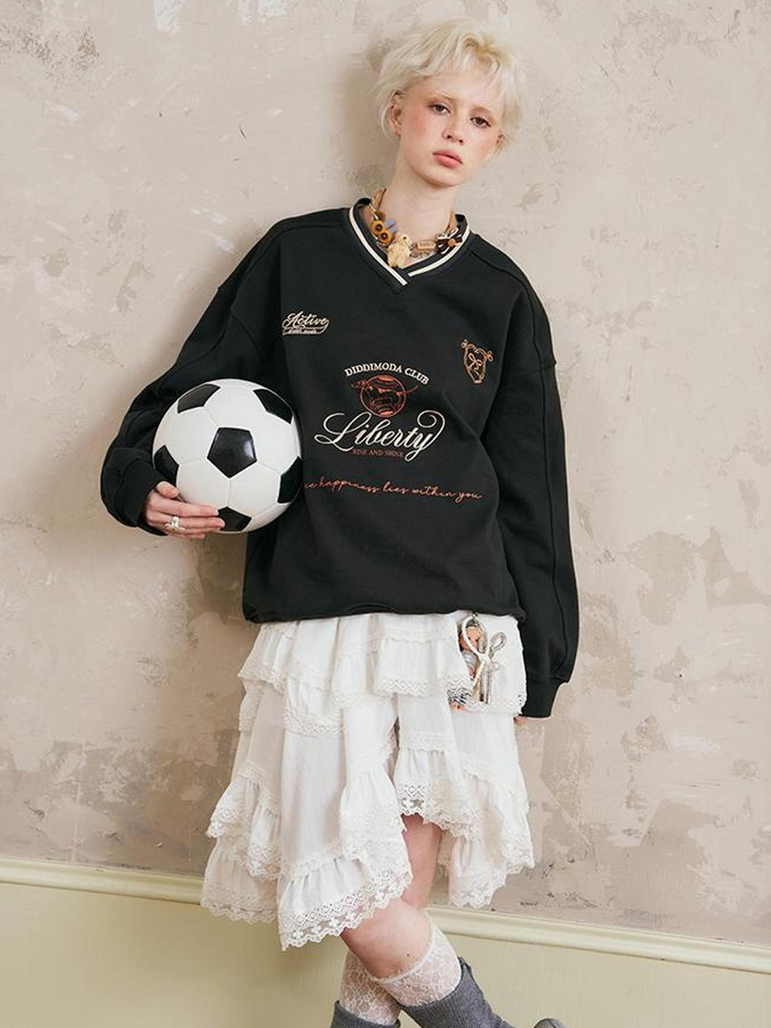 DIDDI MODA Retro Sport V Neck Color Block Sweatshirt