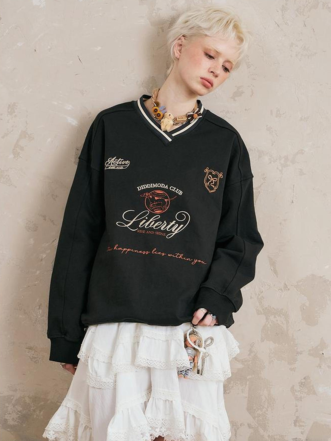 DIDDI MODA Retro Sport V Neck Color Block Sweatshirt
