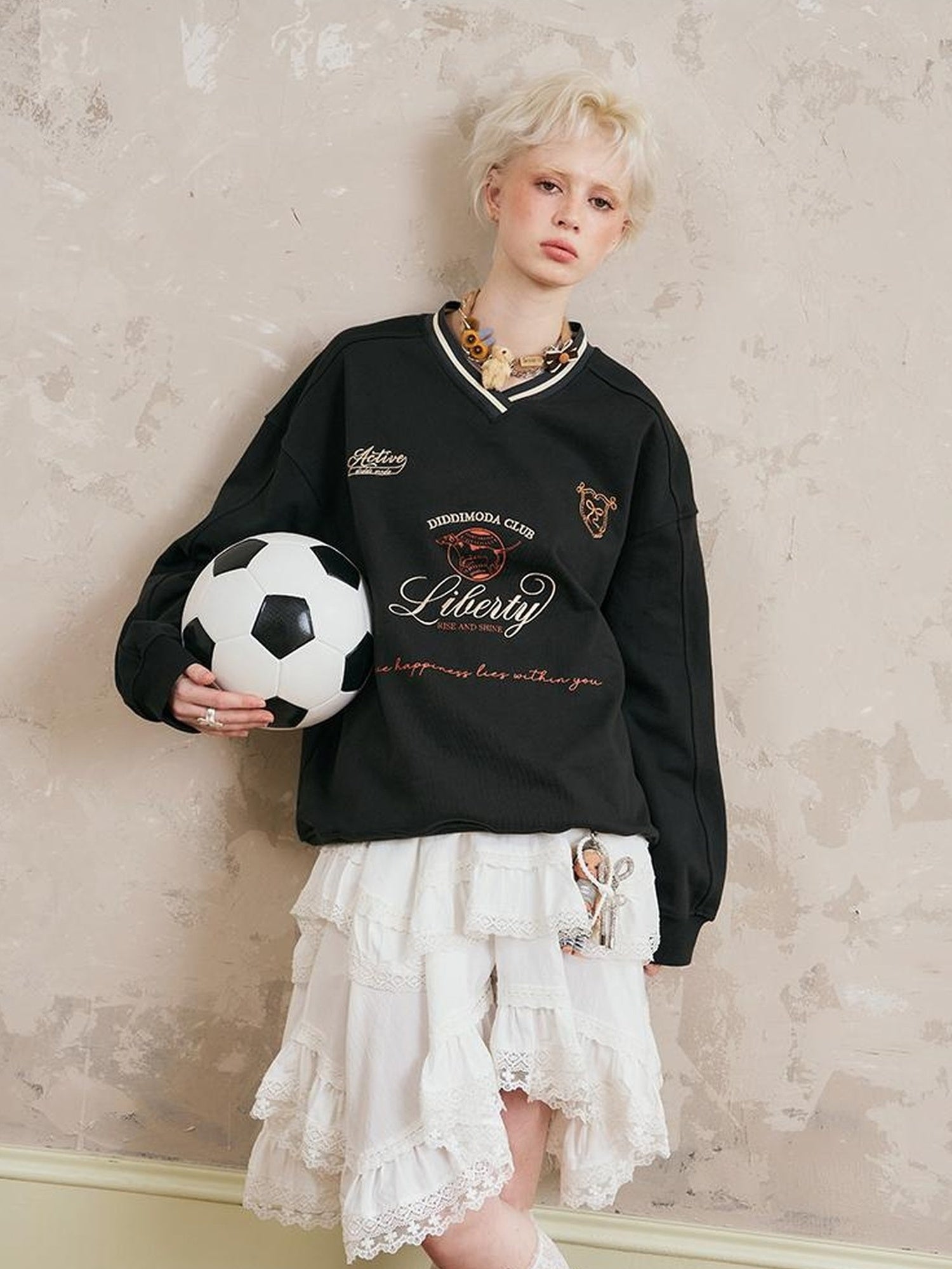 DIDDI MODA Retro Sport V Neck Color Block Sweatshirt