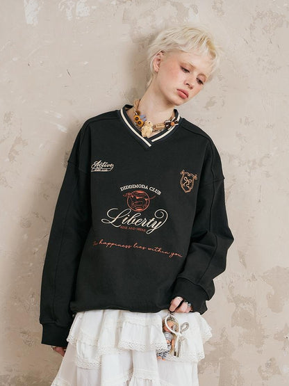 DIDDI MODA Retro Sport V Neck Color Block Sweatshirt