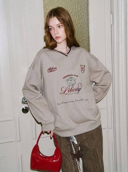 DIDDI MODA Retro Sporty V Neck Colorblock Sweatshirt