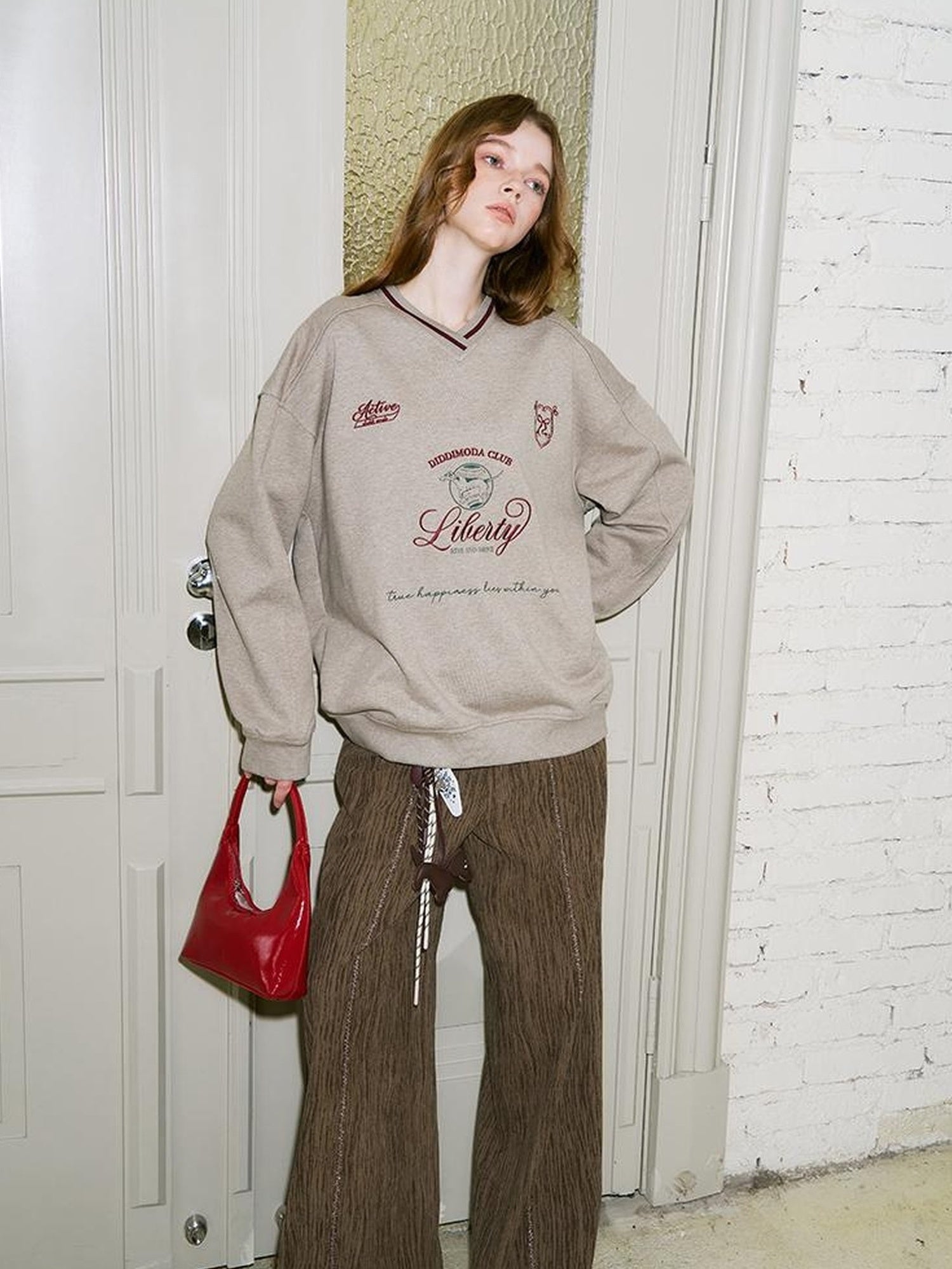 DIDDI MODA Retro Sporty V Neck Colorblock Sweatshirt