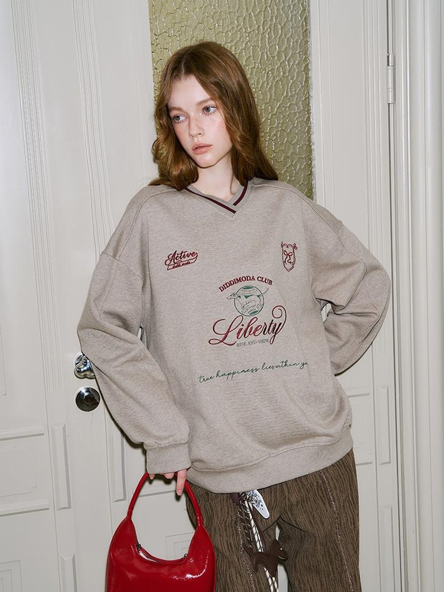 DIDDI MODA Retro Sporty V Neck Colorblock Sweatshirt