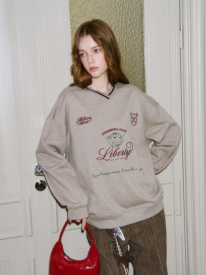 DIDDI MODA Retro Sporty V Neck Colorblock Sweatshirt