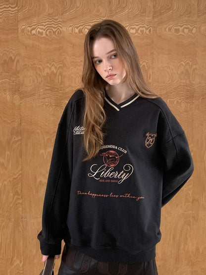 DIDDI MODA Retro Sporty V Neck Colorblock Sweatshirt