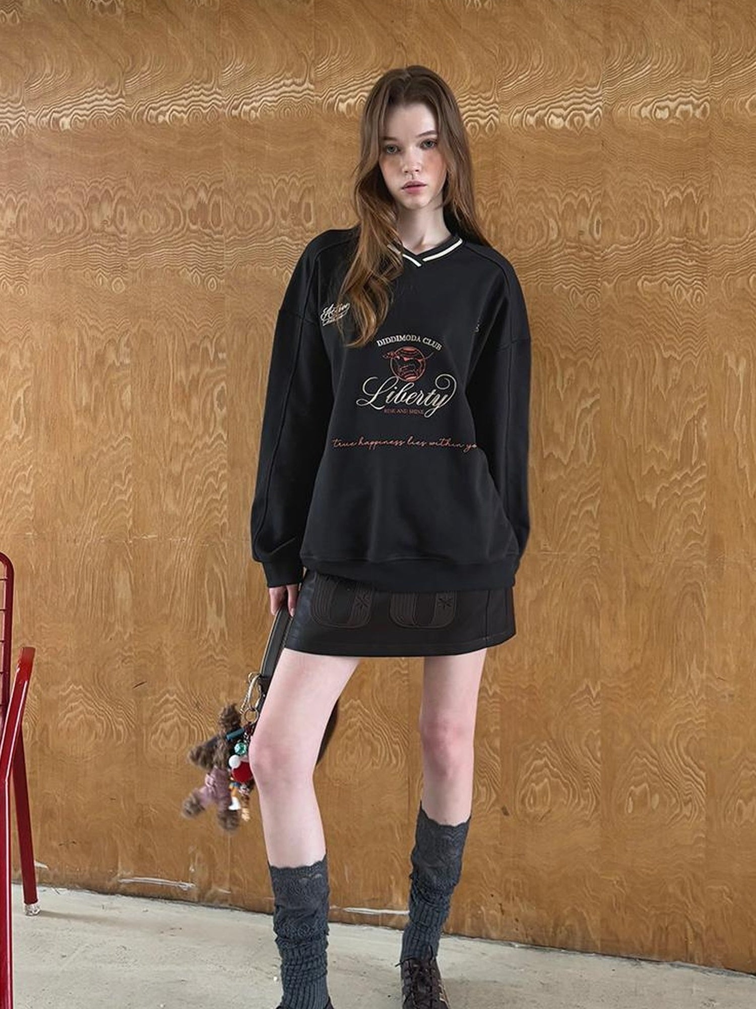 DIDDI MODA Retro Sporty V Neck Colorblock Sweatshirt