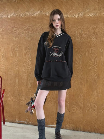 DIDDI MODA Retro Sporty V Neck Colorblock Sweatshirt
