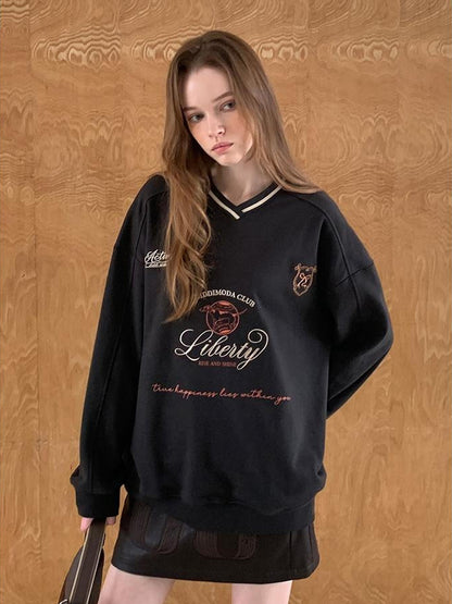 DIDDI MODA Retro Sporty V Neck Colorblock Sweatshirt