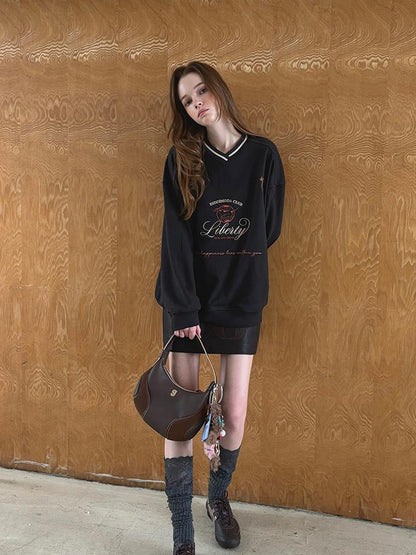 DIDDI MODA Retro Sporty V Neck Colorblock Sweatshirt