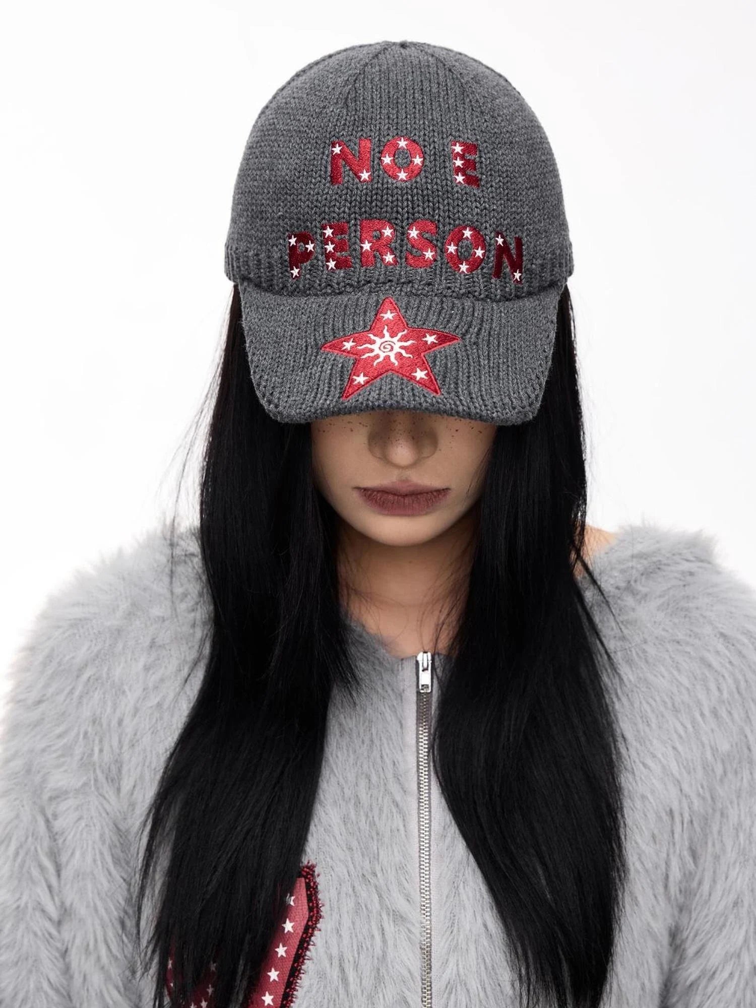 Retro Star Embroidery Wool Baseball Cap Grey Elastic