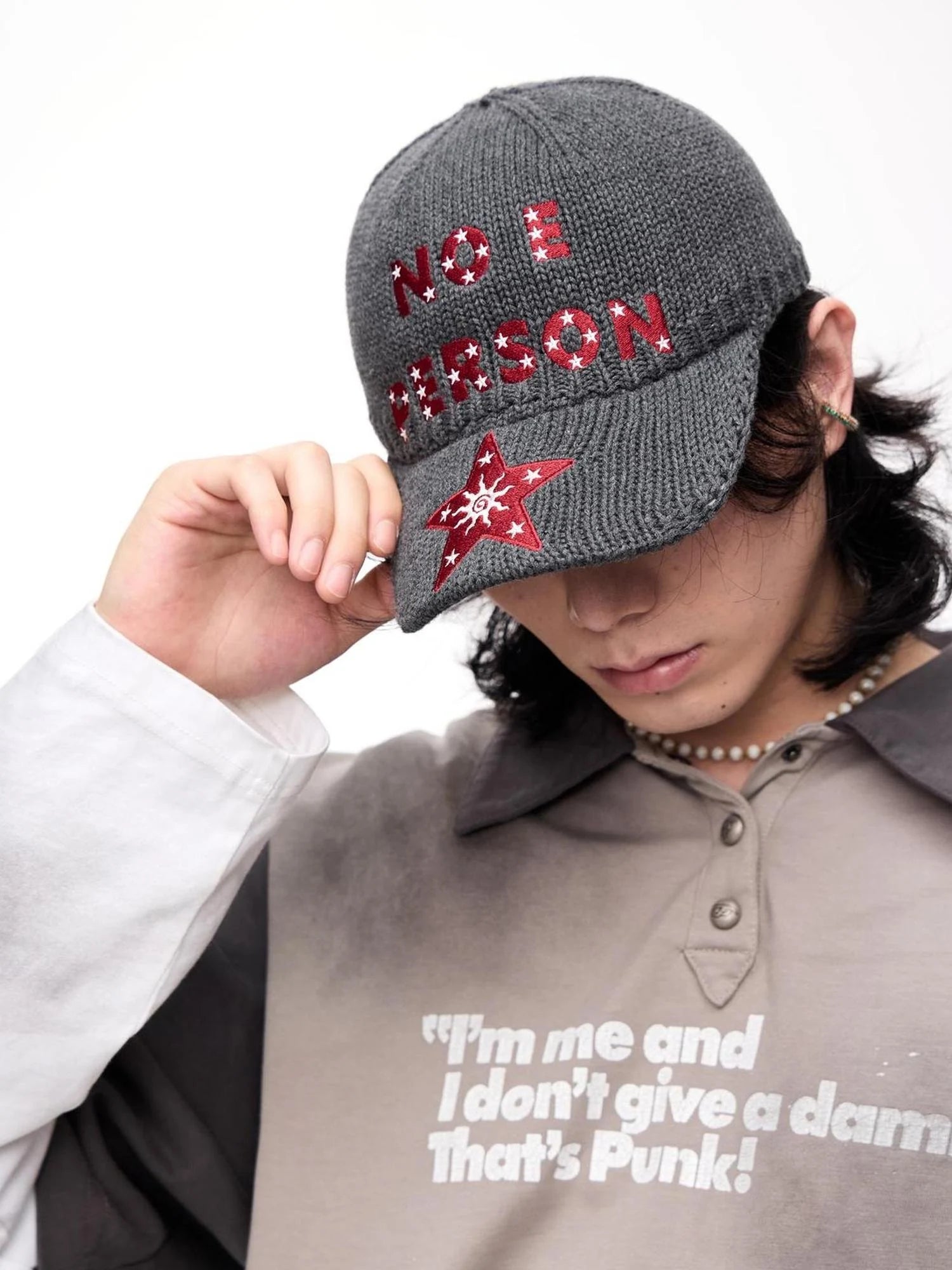 Retro Star Embroidery Wool Baseball Cap Grey Elastic
