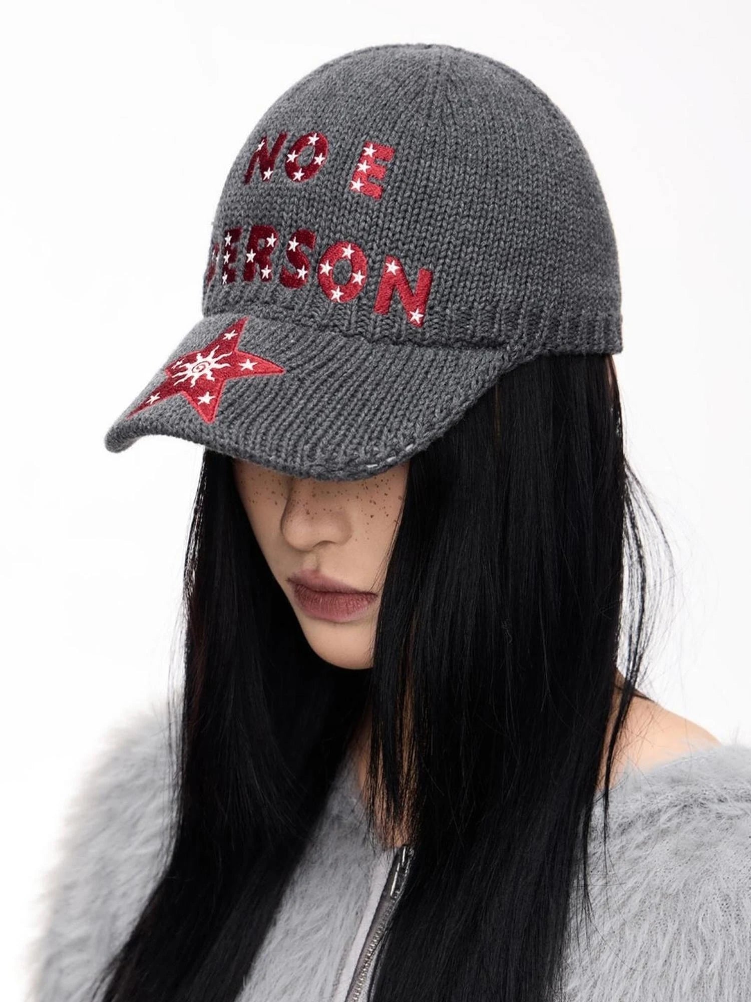 Retro Star Embroidery Wool Baseball Cap Grey Elastic