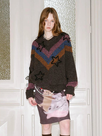 Retro Star V Neck Colorblock Knit Sweater