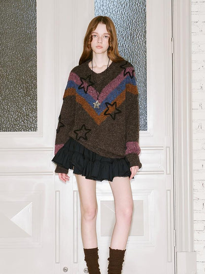 DIDDI MODA Retro Star V Neck Colorblock Knit Sweater