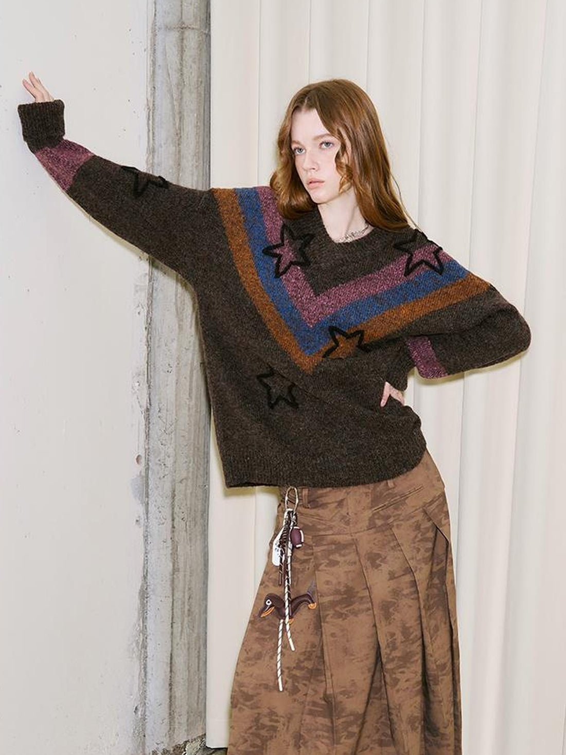 DIDDI MODA Retro Star V Neck Colorblock Knit Sweater