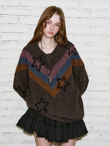 DIDDI MODA Retro Star V Neck Colorblock Knit Sweater