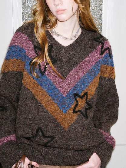 DIDDI MODA Retro Star V Neck Colorblock Knit Sweater