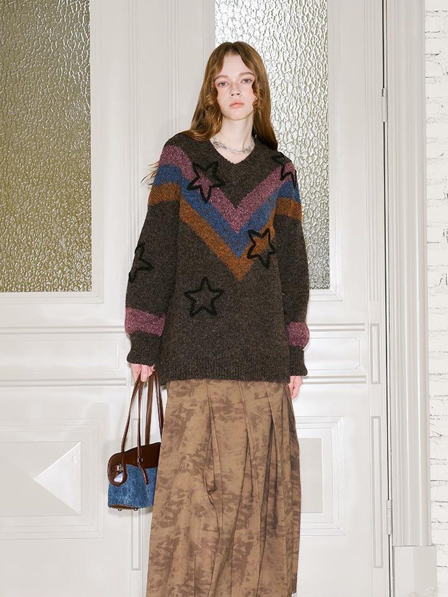 DIDDI MODA Retro Star V Neck Colorblock Knit Sweater