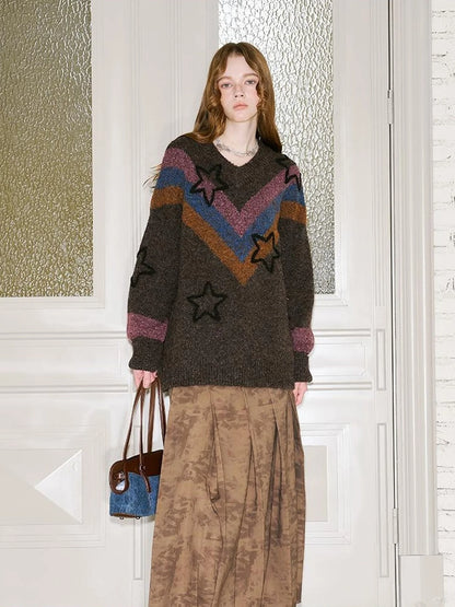 Retro Star V Neck Colorblock Knit Sweater