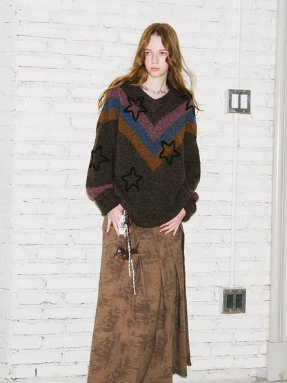 Retro Star V Neck Colorblock Knit Sweater