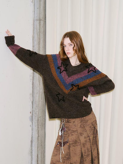 DIDDI MODA Retro Star V Neck Colorblock Knit Sweater
