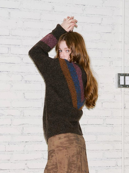 Retro Star V Neck Colorblock Knit Sweater