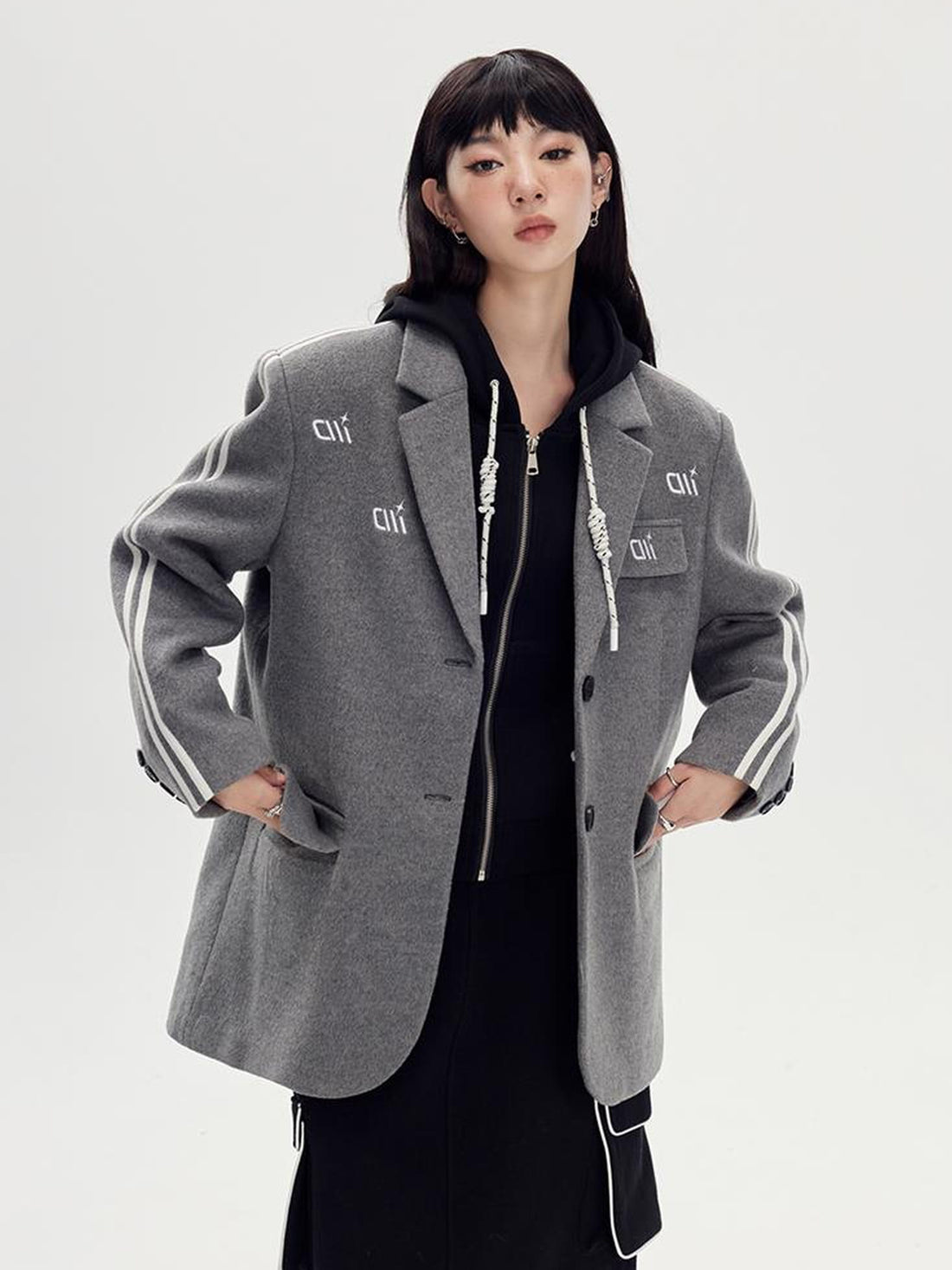 DIDDI MODA Retro Stripe Embroidered Wool Blend Tailored Coat