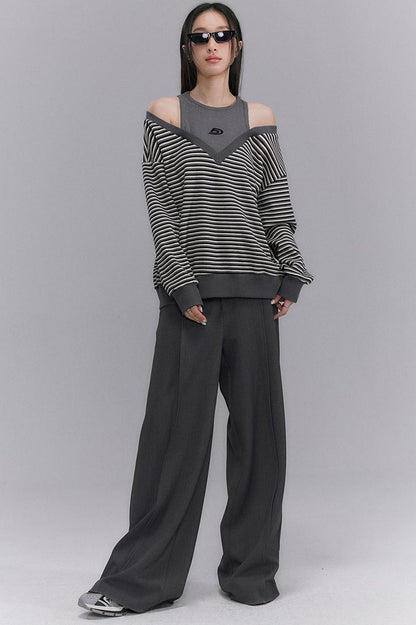 DIDDI MODA Retro Stripe Off Shoulder V Neck Sweatshirt