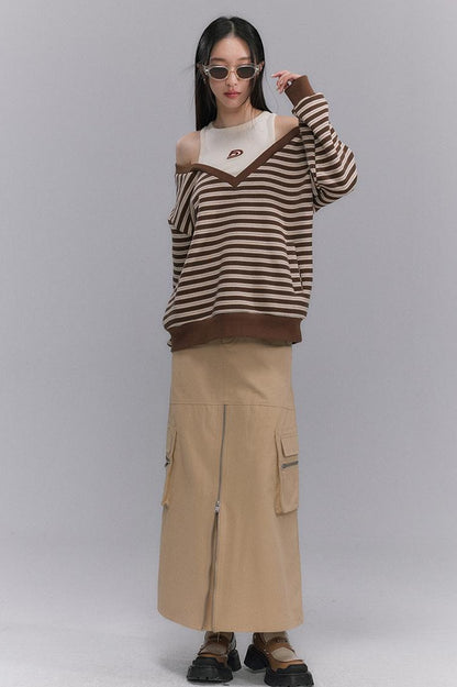 DIDDI MODA Retro Stripe Off Shoulder V Neck Sweatshirt