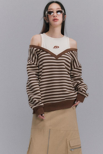 DIDDI MODA Retro Stripe Off Shoulder V Neck Sweatshirt