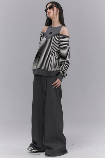 DIDDI MODA Retro Stripe Off Shoulder V Neck Sweatshirt