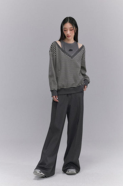 DIDDI MODA Retro Stripe Off Shoulder V Neck Sweatshirt