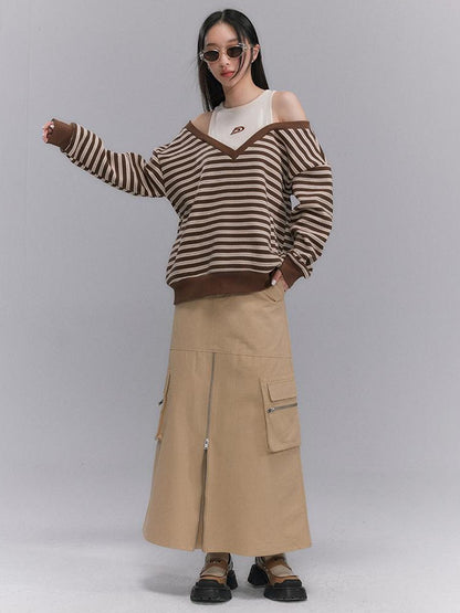 DIDDI MODA Retro Stripe Off Shoulder V Neck Sweatshirt