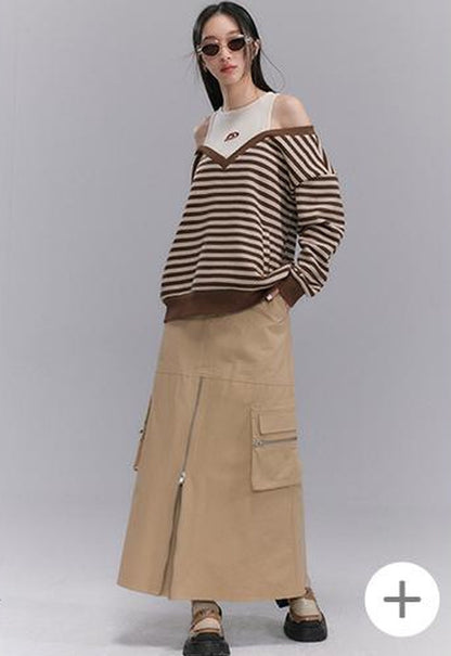 DIDDI MODA Retro Stripe Off Shoulder V Neck Sweatshirt