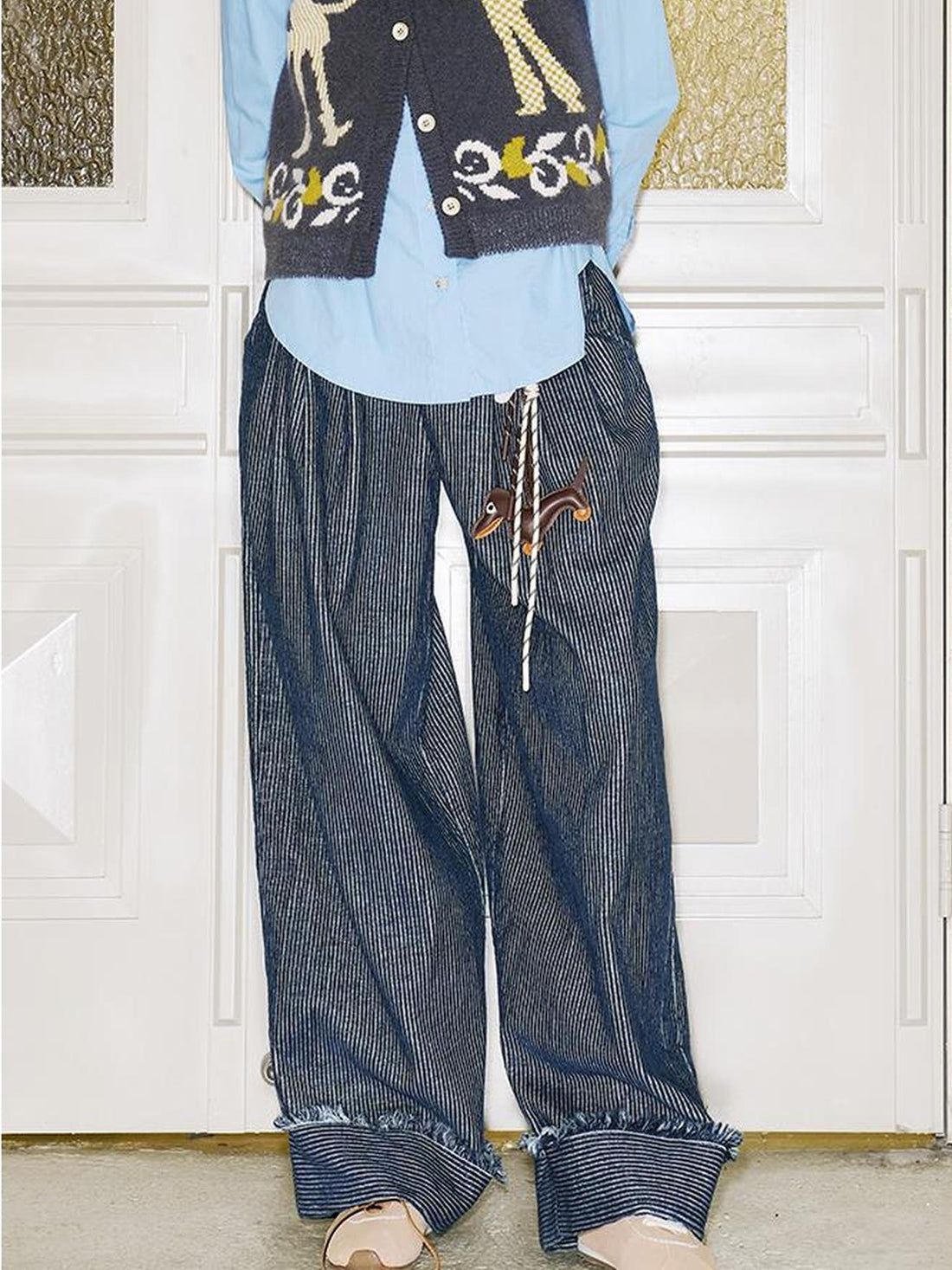 DIDDI MODA Retro Striped Corduroy Pants Relaxed Straight Leg