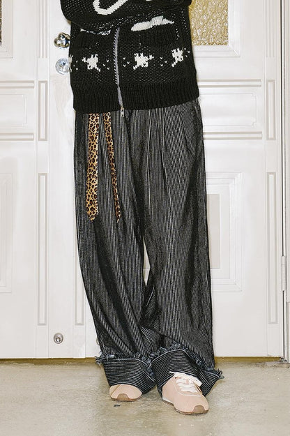DIDDI MODA Retro Striped Corduroy Pants Relaxed Straight Leg