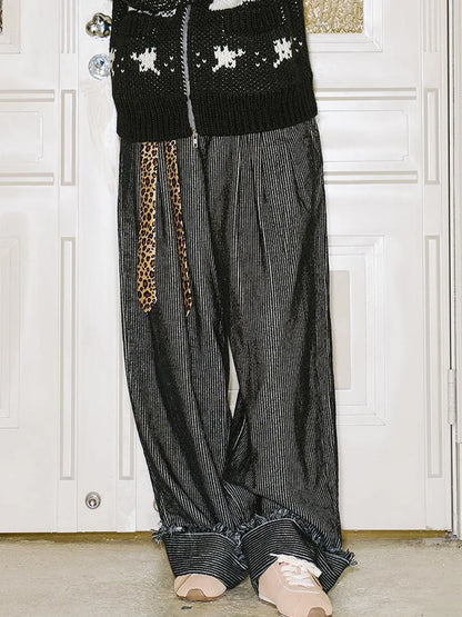 Retro Striped Corduroy Pants Relaxed Straight Leg